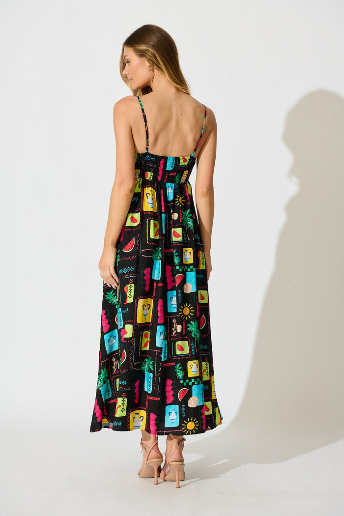Moa Maxi Sundress in Black Multi Patchwork Linen Blend back
