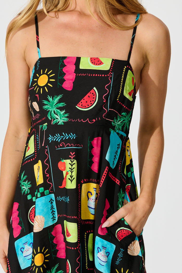 Moa Maxi Sundress in Black Multi Patchwork Linen Blend detail