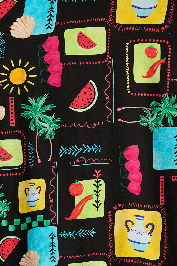 Moa Maxi Sundress in Black Multi Patchwork Linen Blend fabric