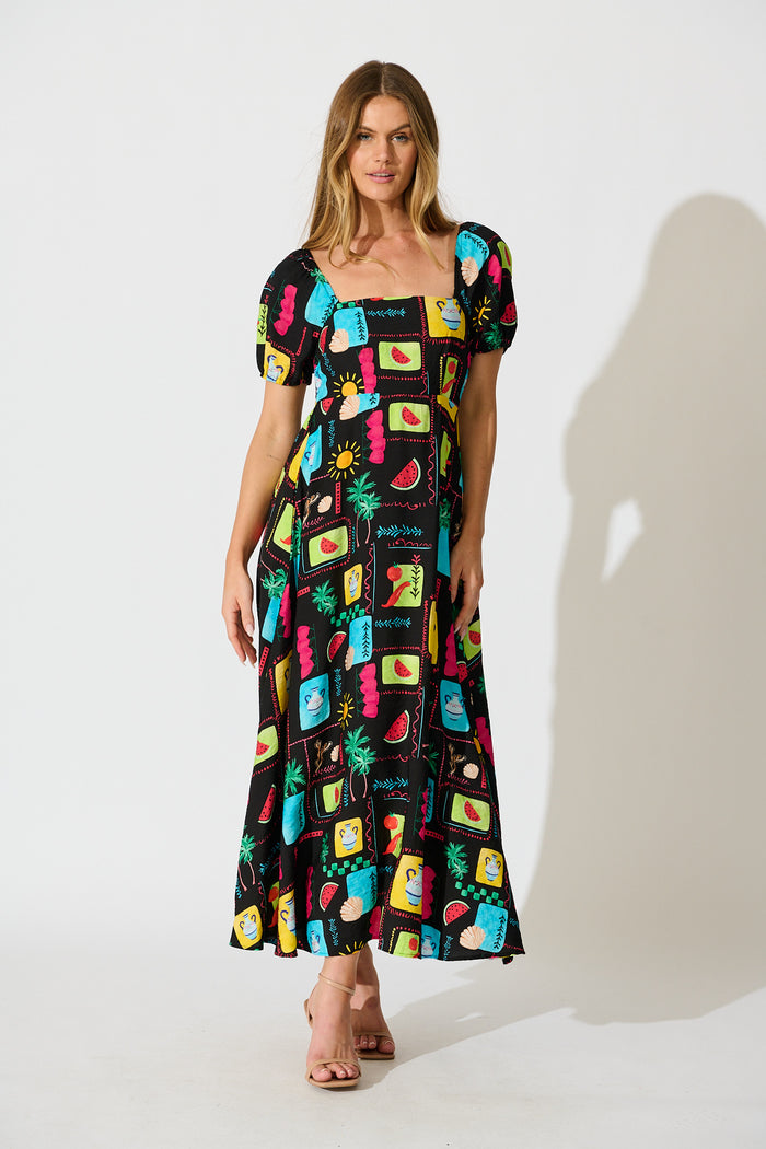 Sofie Midi Dress in Black Multi Patchwork Linen Blend full length