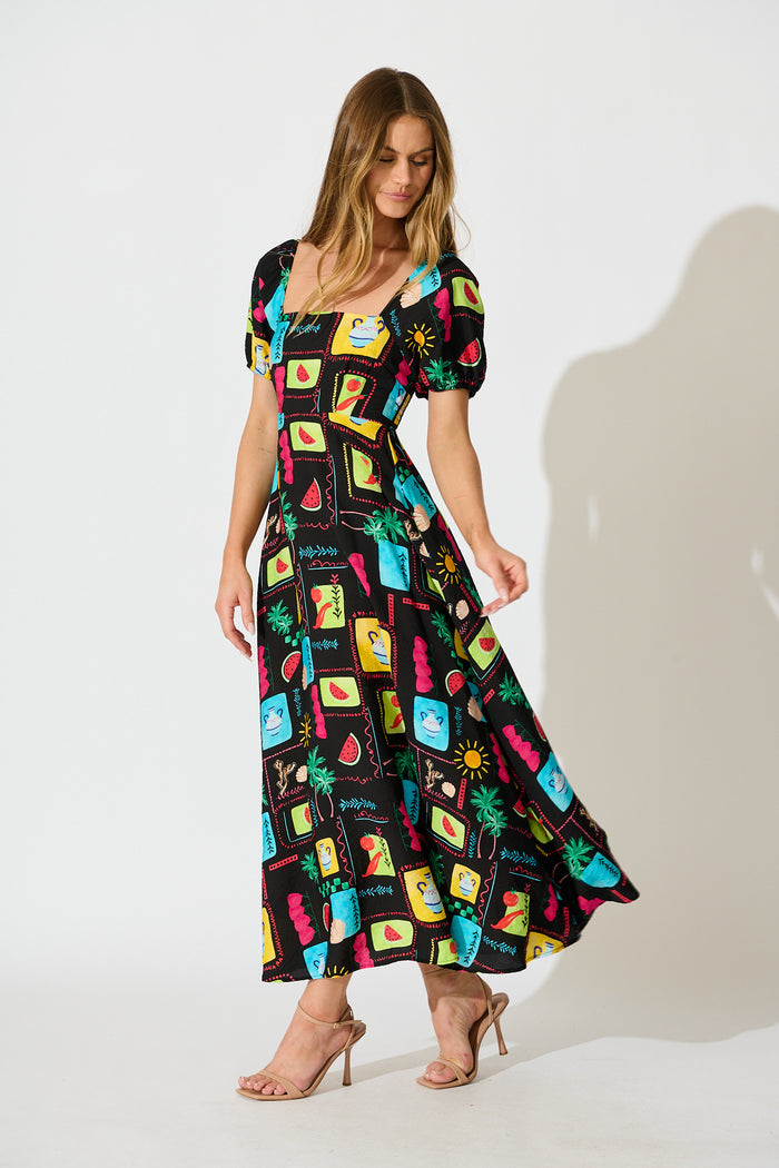 Sofie Midi Dress in Black Multi Patchwork Linen Blend side