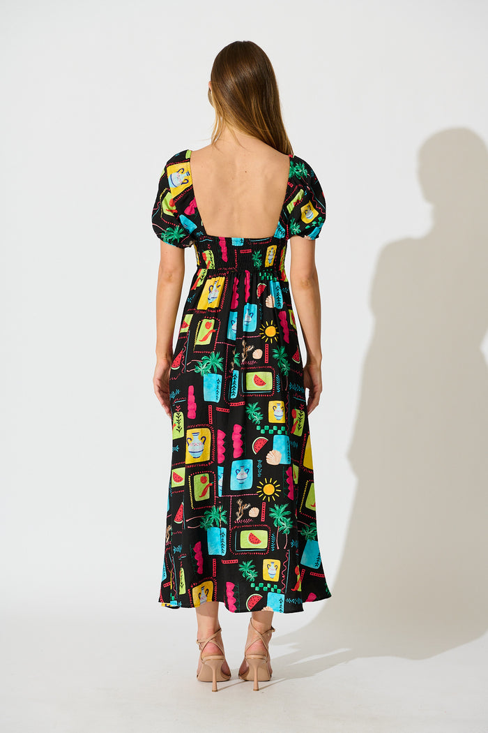 Sofie Midi Dress in Black Multi Patchwork Linen Blend back