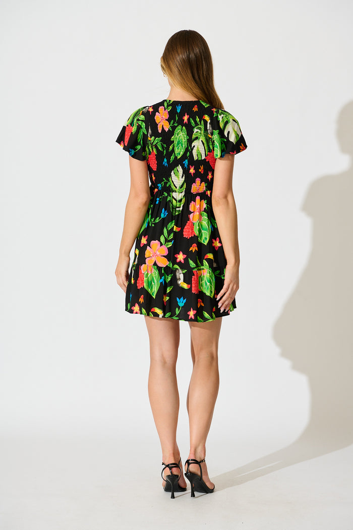 Island Escape Dress in Black with Multi Tropical Print back
