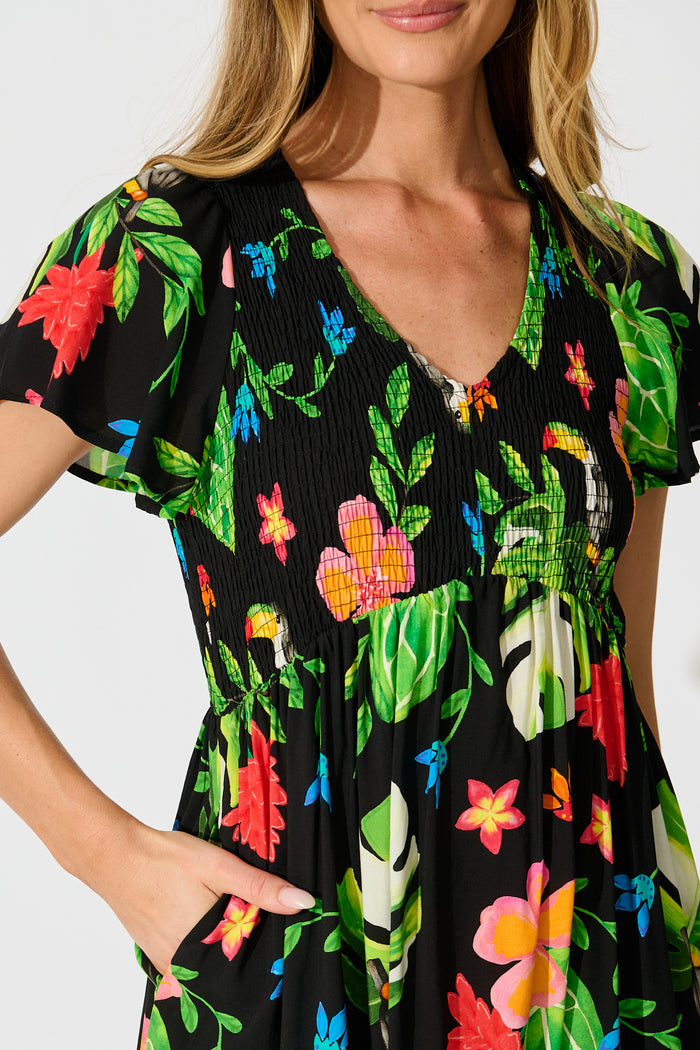 Island Escape Dress in Black with Multi Tropical Print detail