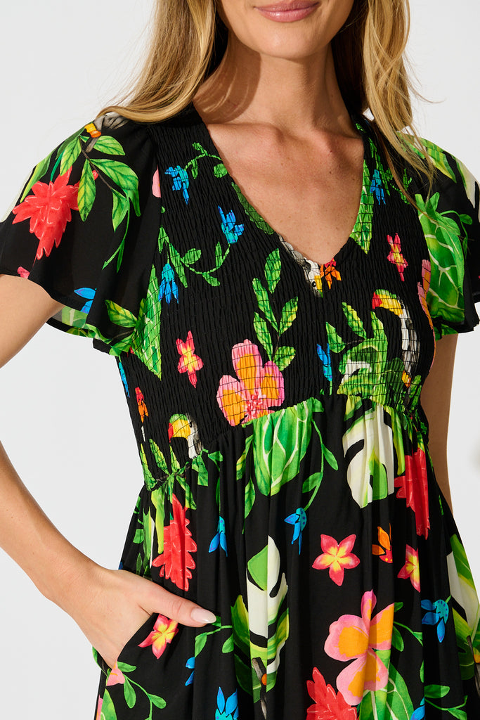Island Escape Dress in Black with Multi Tropical Print detail