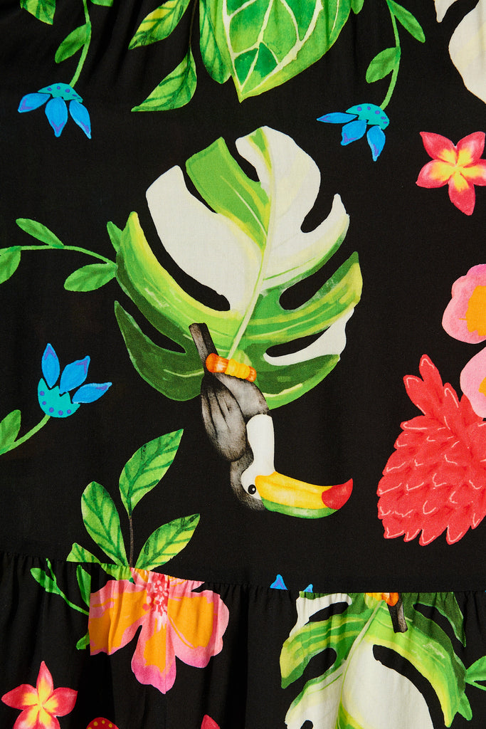 Island Escape Dress in Black with Multi Tropical Print fabric