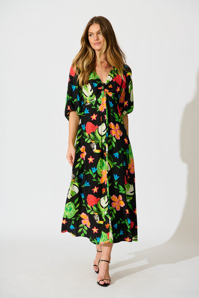 Island Tropic Maxi Dress in Black with Multi Tropical Print full length