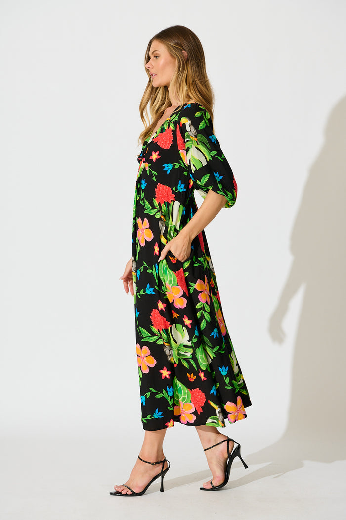 Island Tropic Maxi Dress in Black with Multi Tropical Print side