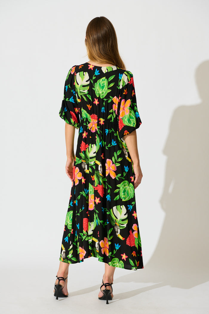Island Tropic Maxi Dress in Black with Multi Tropical Print back