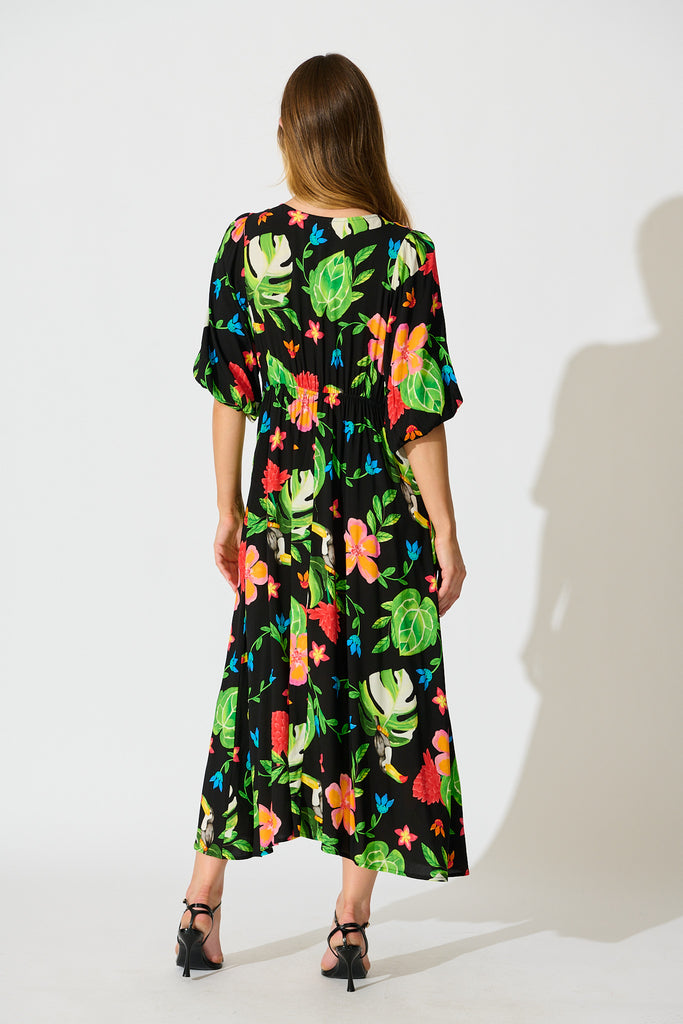 Island Tropic Maxi Dress in Black with Multi Tropical Print back