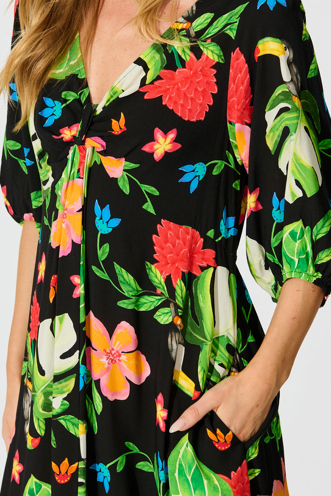 Island Tropic Maxi Dress in Black with Multi Tropical Print detail