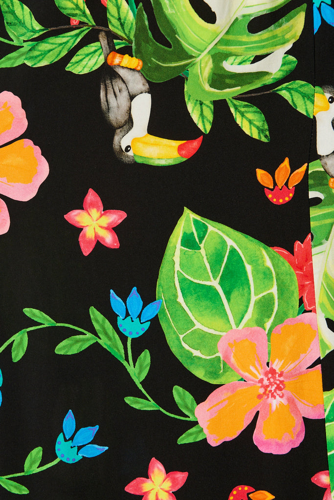 Island Tropic Maxi Dress in Black with Multi Tropical Print fabric