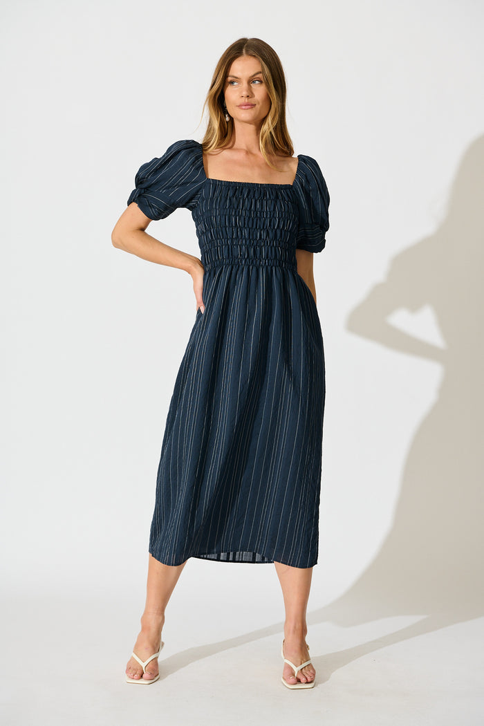Rouse Midi Dress in Navy with White Stripe Cotton Blend full length