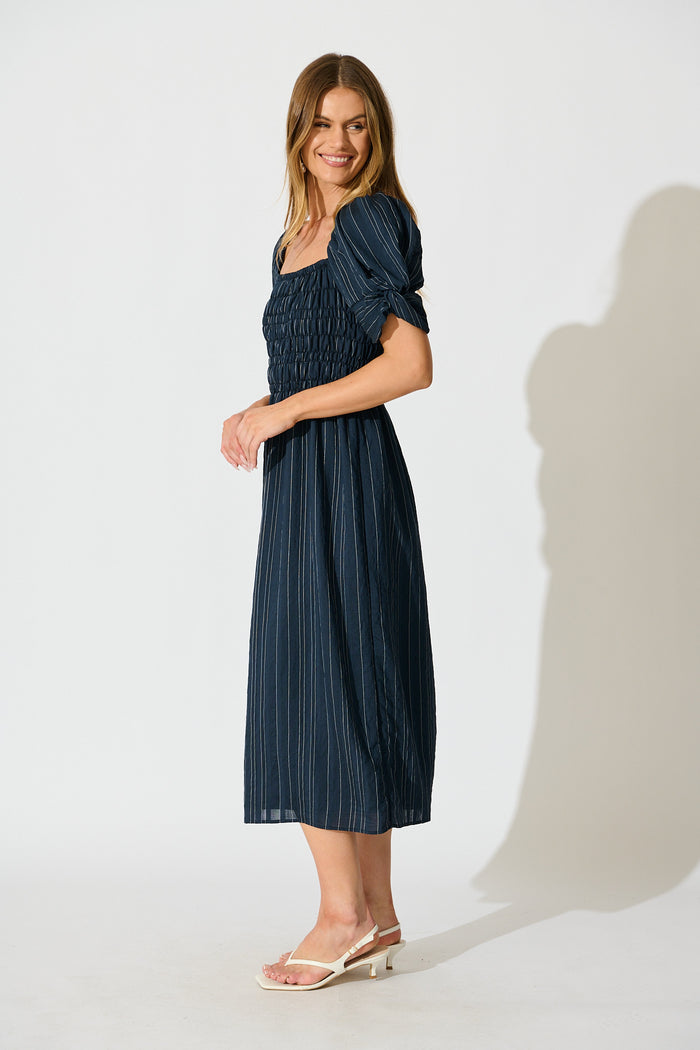 Rouse Midi Dress in Navy with White Stripe Cotton Blend side