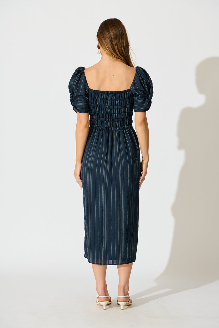 Rouse Midi Dress in Navy with White Stripe Cotton Blend back
