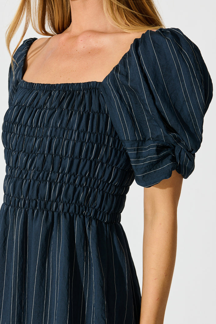 Rouse Midi Dress in Navy with White Stripe Cotton Blend detail