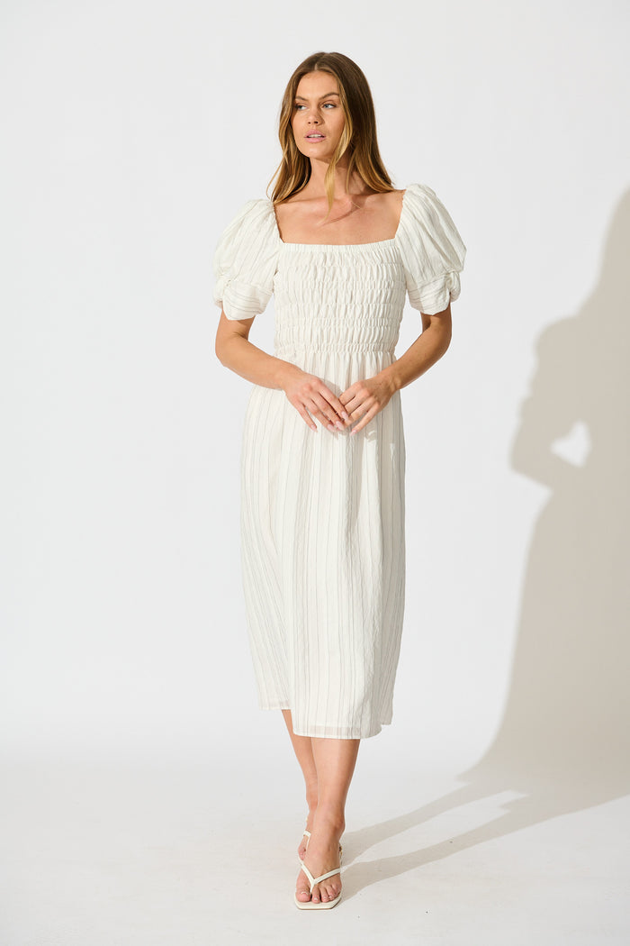 Rouse Midi Dress  in White with Black Stripe Cotton Blend full length