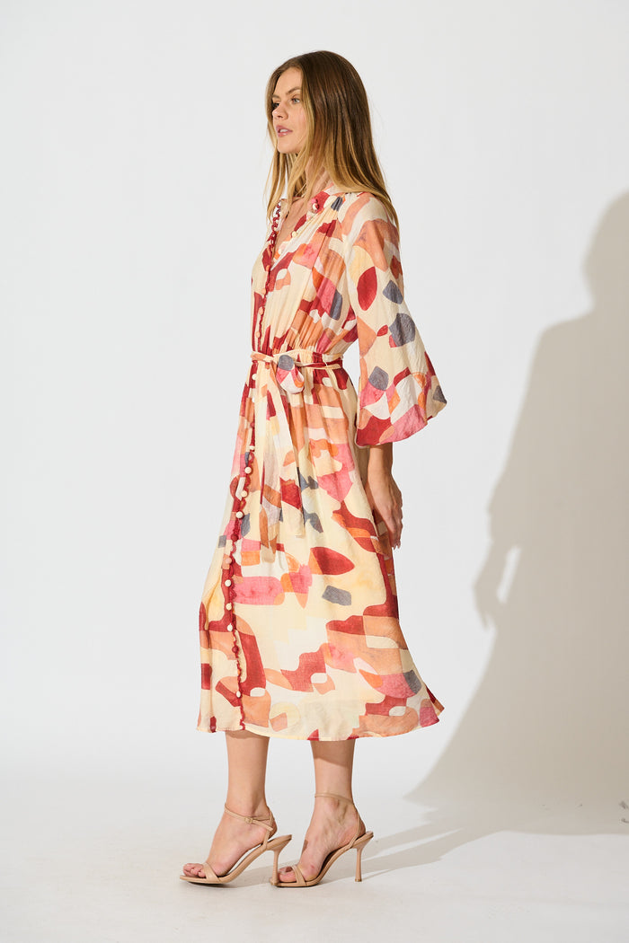 Tamia Midi Dress in Red with Multi Print side