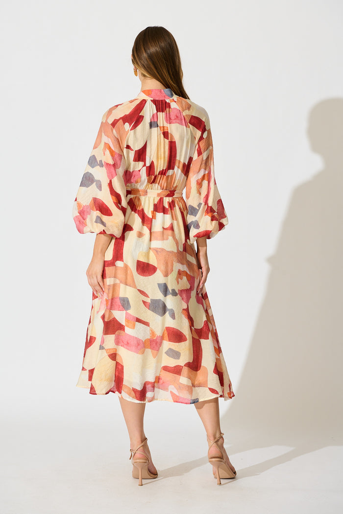 Tamia Midi Dress in Red with Multi Print back