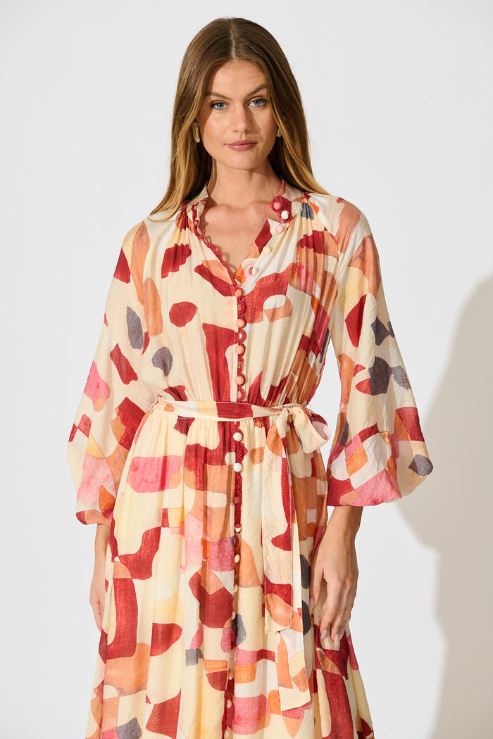Tamia Midi Dress in Red with Multi Print front