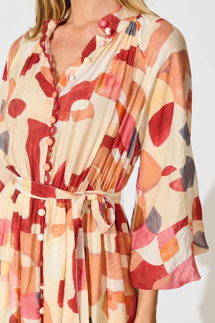 Tamia Midi Dress in Red with Multi Print detail