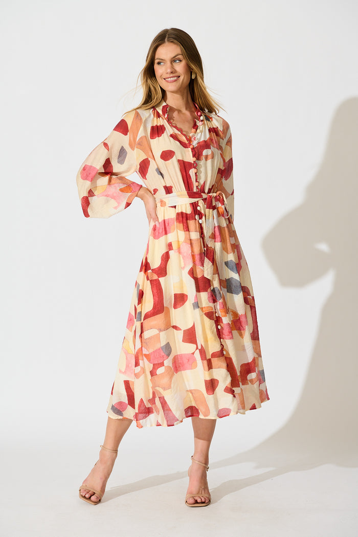 Tamia Midi Dress in Red with Multi Print full length