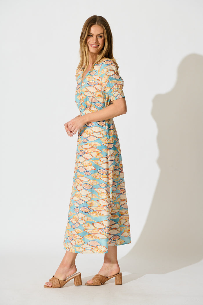 Zoanne Midi Dress in Blue with Multi Cotton side