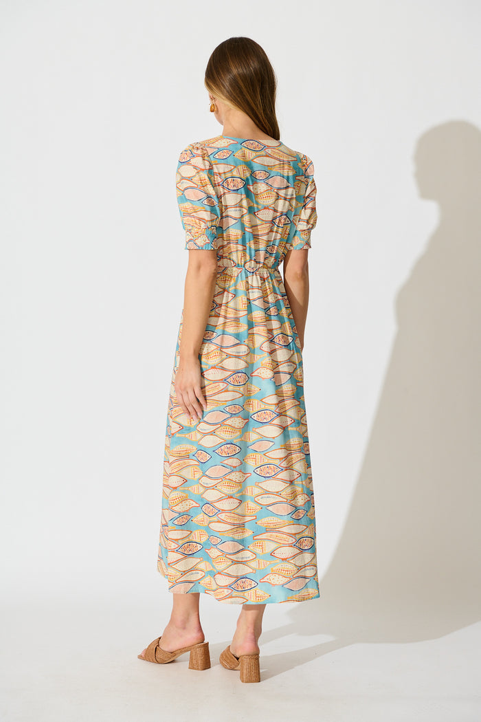 Zoanne Midi Dress in Blue with Multi Cotton back
