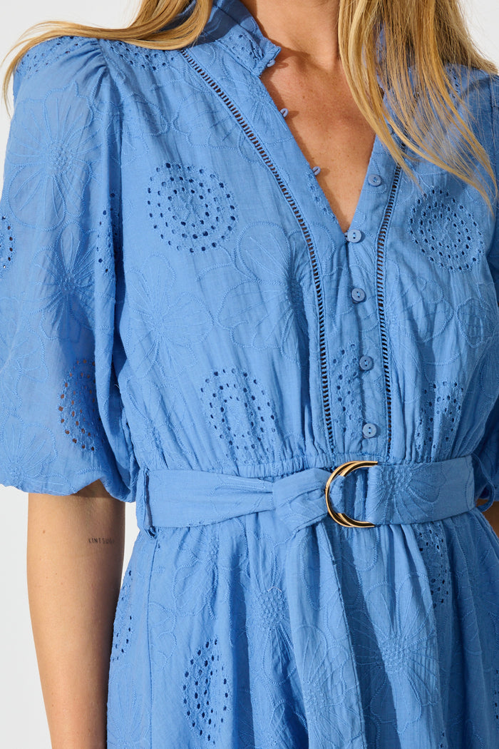 Ashlan Dress in Blue Floral Broderie Cotton detail