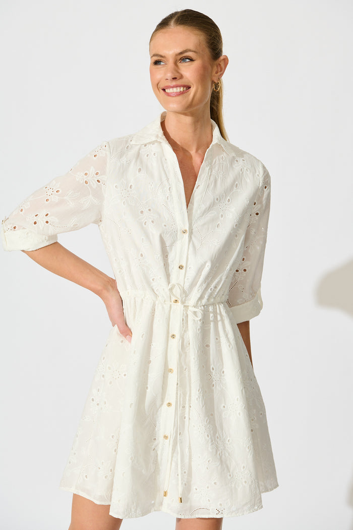 Harlie Shirt Dress in White Broderie Cotton front