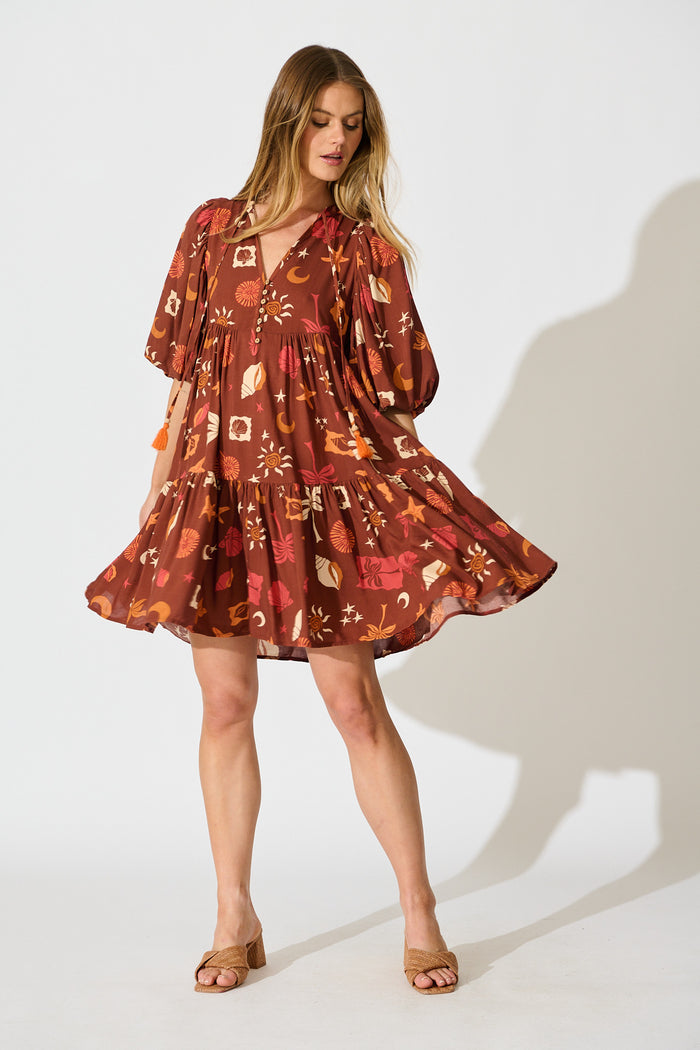 Minnesota Smock Dress in Multi Brown Summer Print full length
