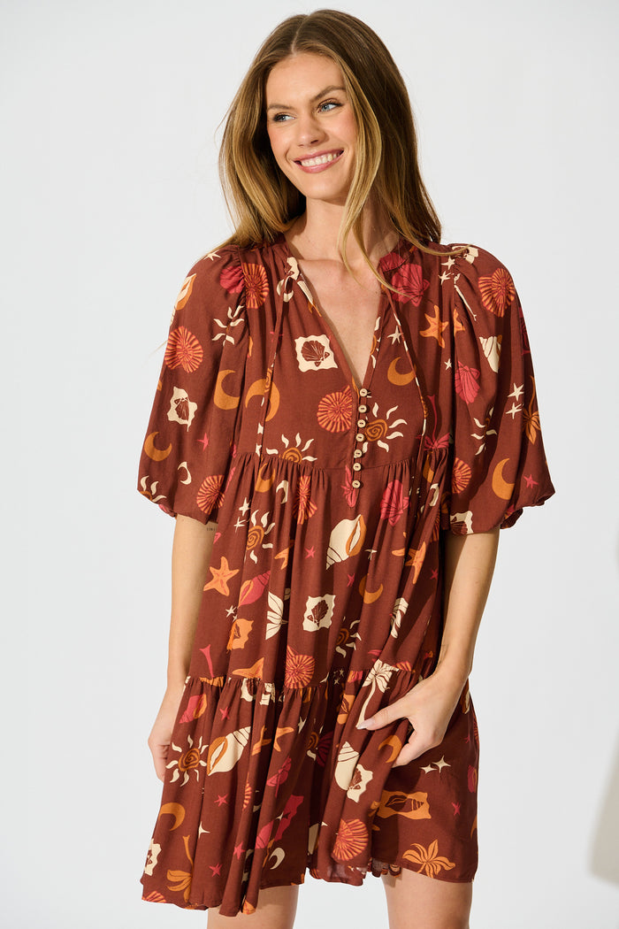 Minnesota Smock Dress in Multi Brown Summer Print front