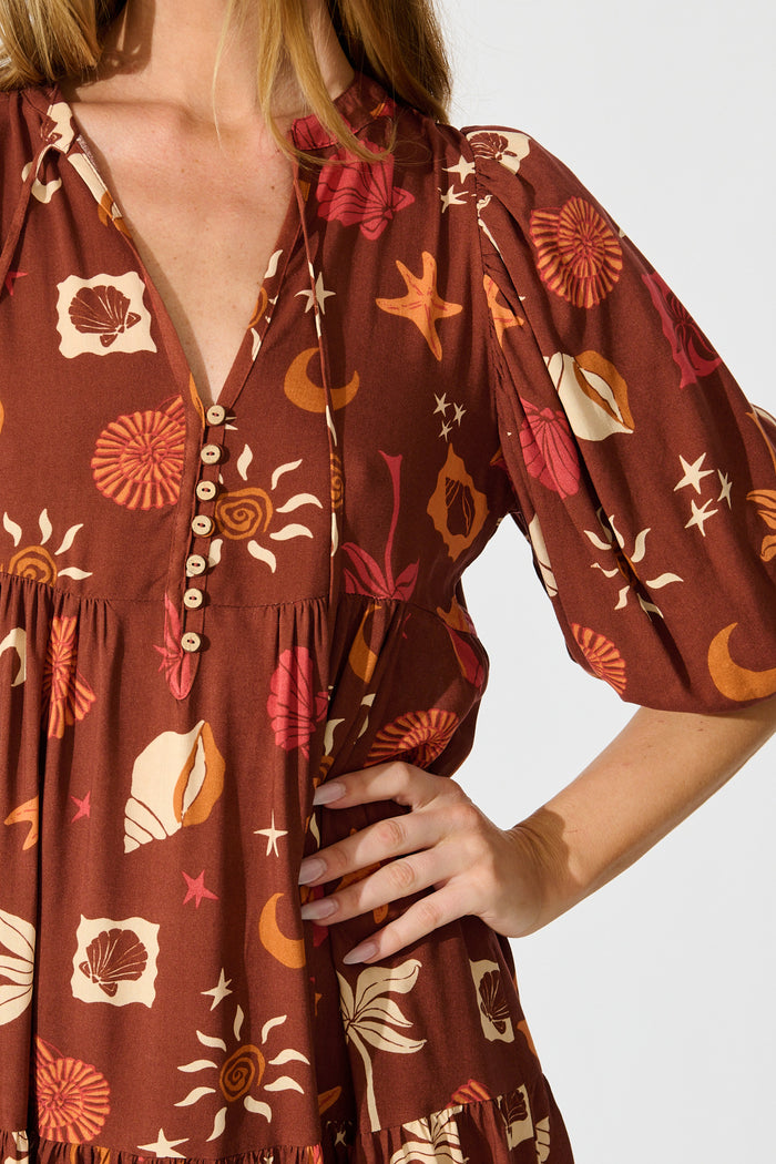 Minnesota Smock Dress in Multi Brown Summer Print detail