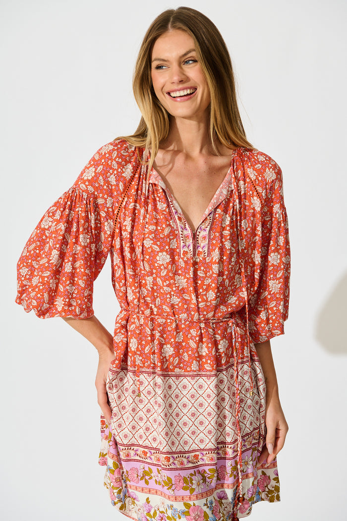 Conni Dress in Orange Boho Floral front