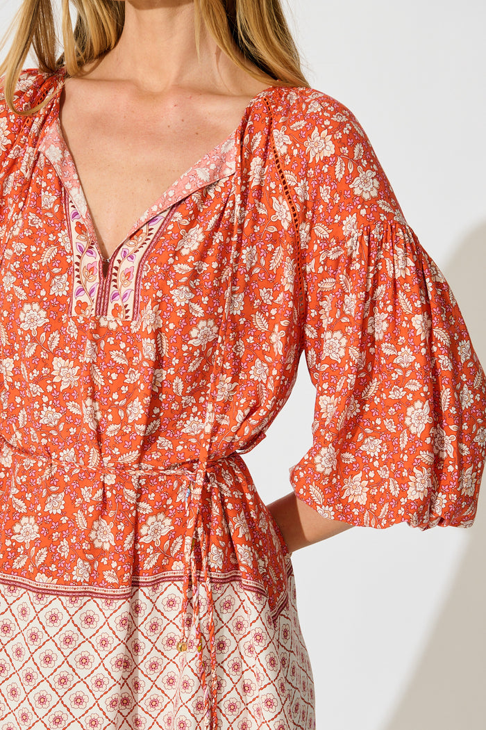 Conni Dress in Orange Boho Floral detail
