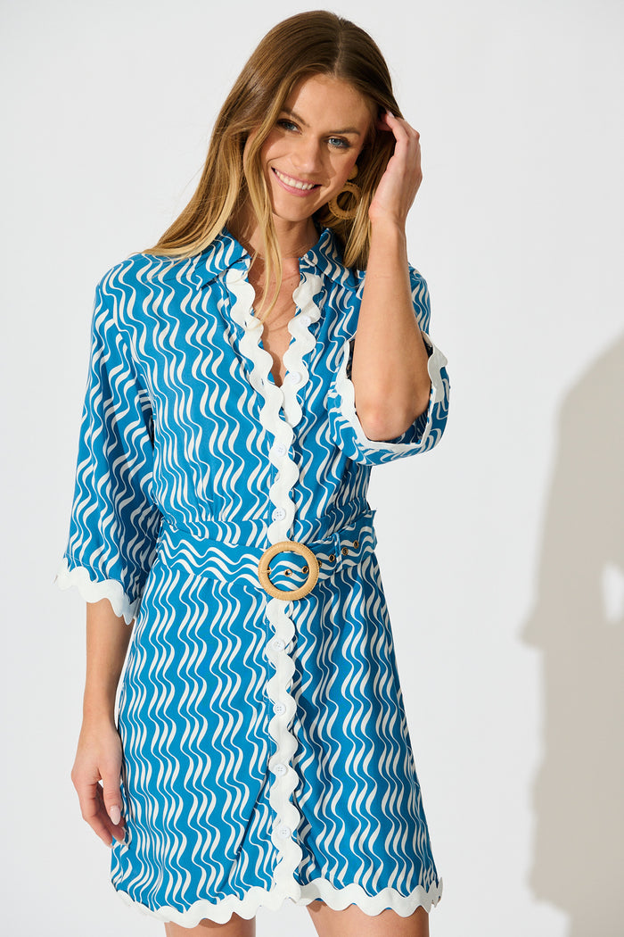 Kimmi Shirt Dress in Blue And White Print With Ric Rac Trim front