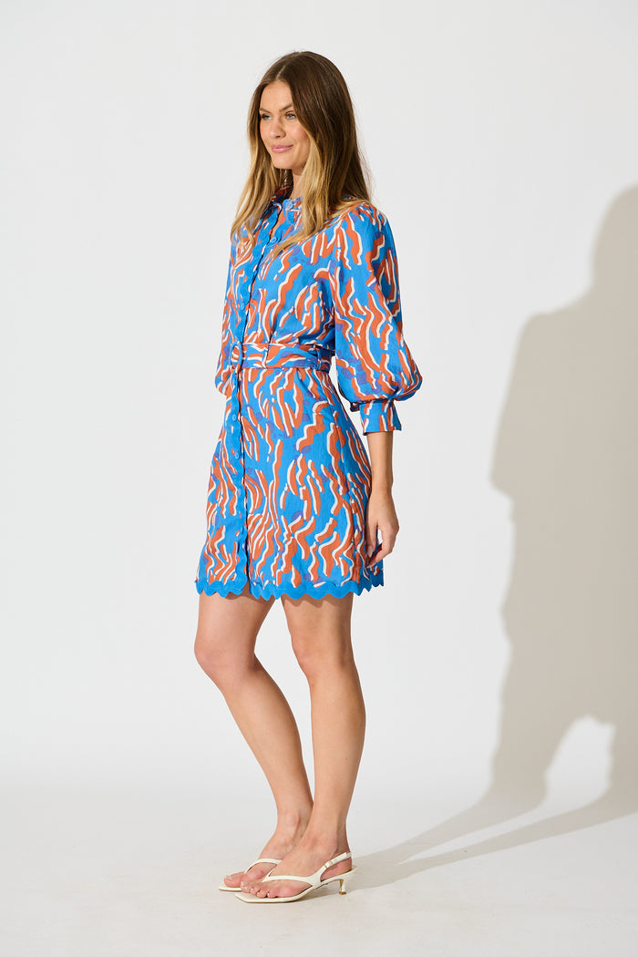 Charmain Dress in Blue with Orange Print side
