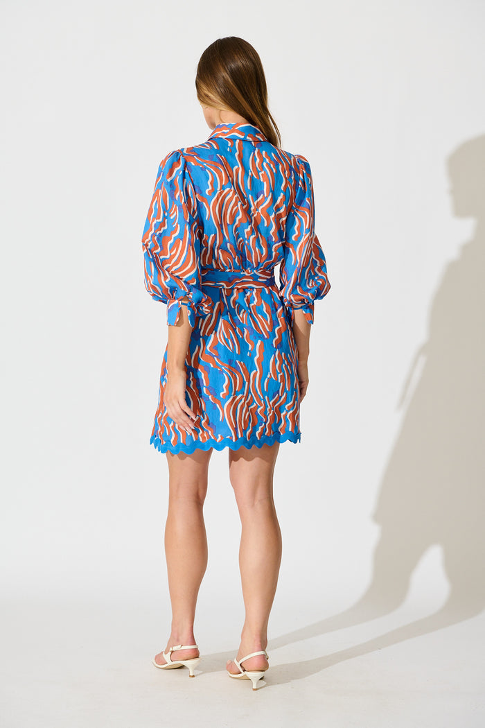 Charmain Dress in Blue with Orange Print back