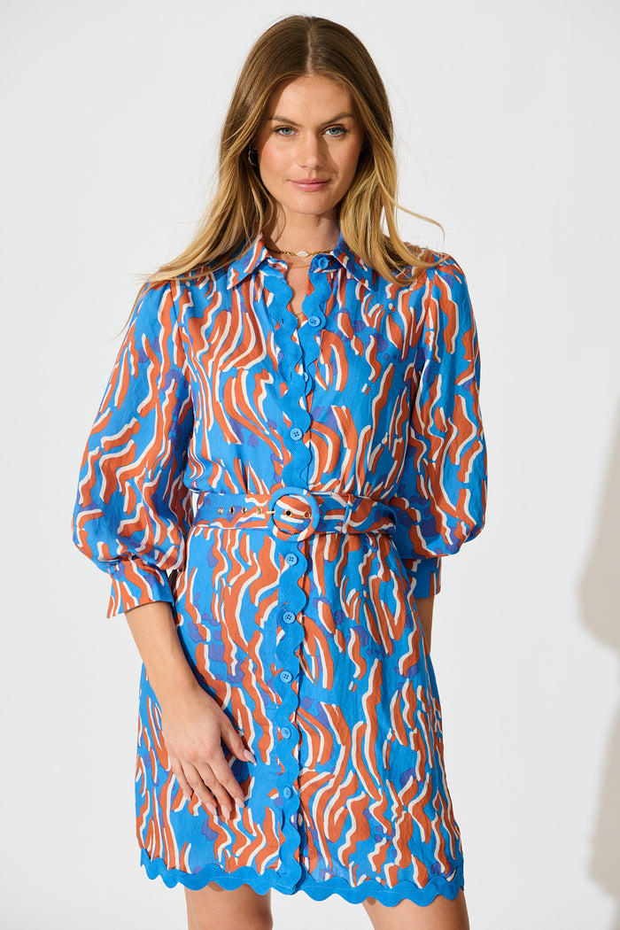 Charmain Dress in Blue with Orange Print front