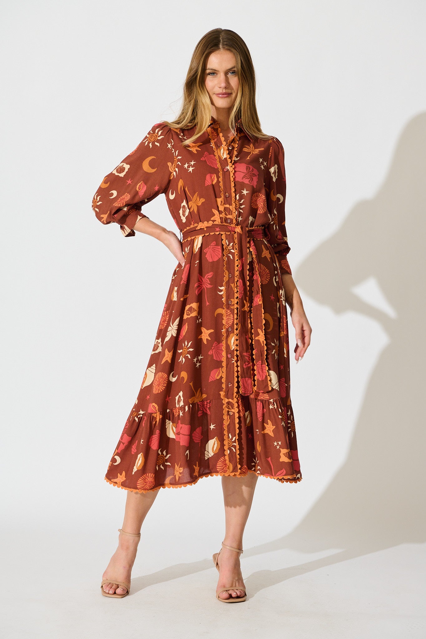Harles Midi Shirt Dress in Multi Brown Summer Print full length