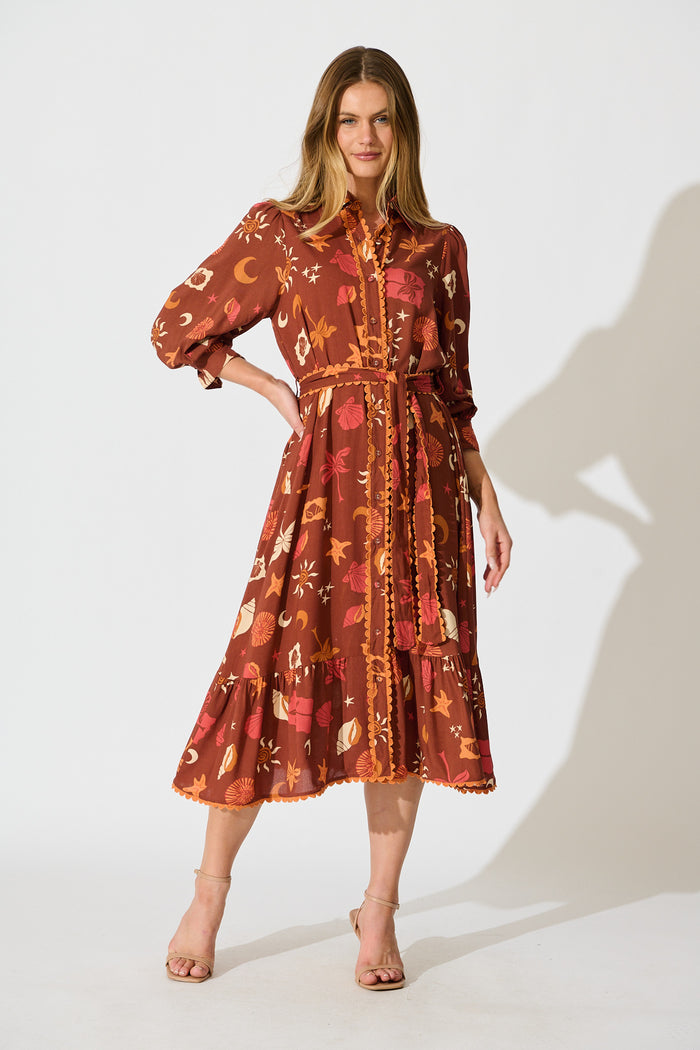 Harles Midi Shirt Dress in Multi Brown Summer Print full length