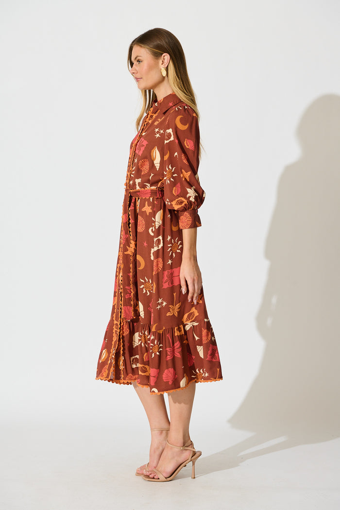 Harles Midi Shirt Dress in Multi Brown Summer Print side