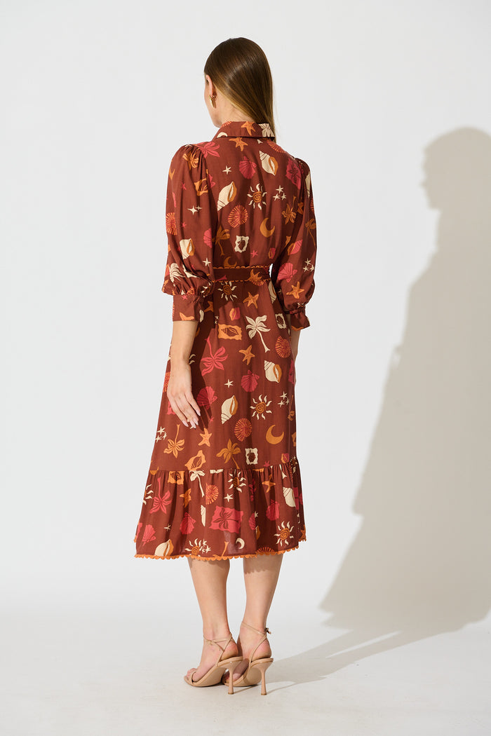 Harles Midi Shirt Dress in Multi Brown Summer Print back