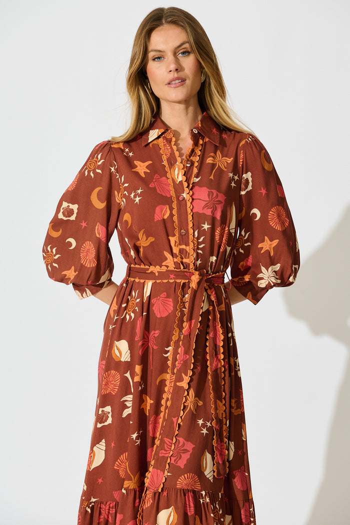 Harles Midi Shirt Dress in Multi Brown Summer Print front