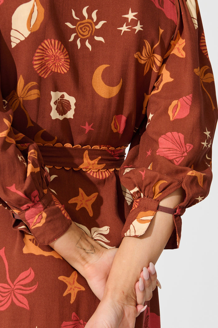 Harles Midi Shirt Dress in Multi Brown Summer Print detail