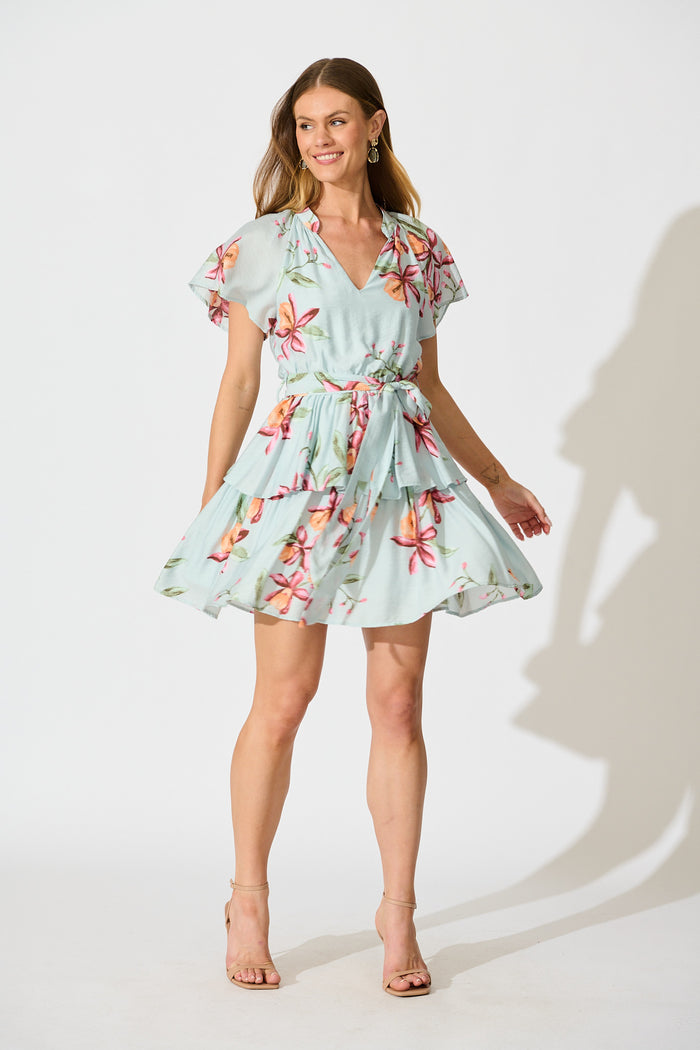Vietta Dress in Light Blue with Blush Floral full length