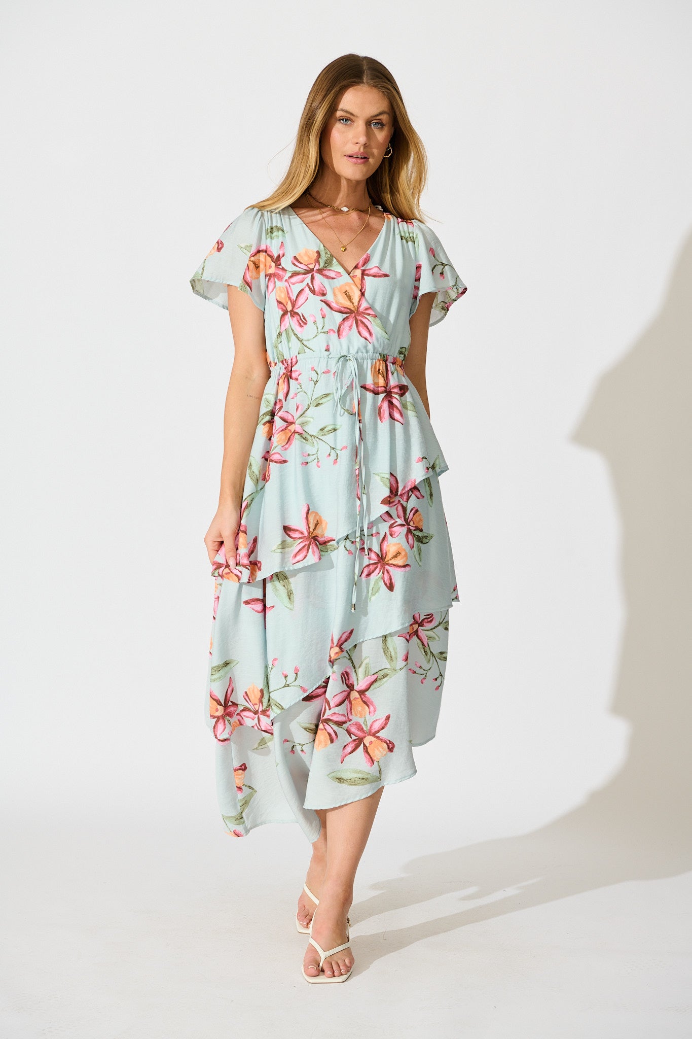 Melany Maxi Dress in Light Blue with Blush Floral full length