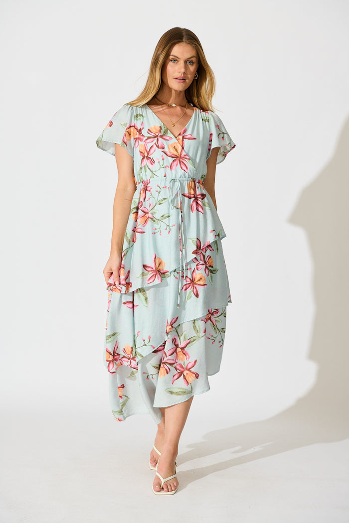 Melany Maxi Dress in Light Blue with Blush Floral full length
