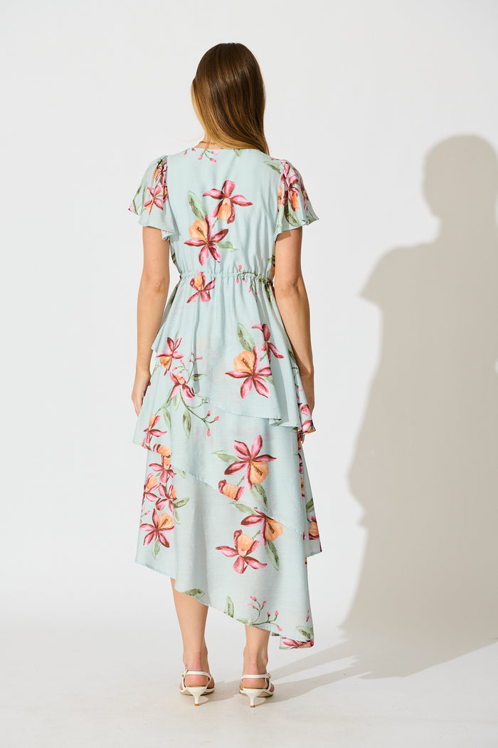 Melany Maxi Dress in Light Blue with Blush Floral back