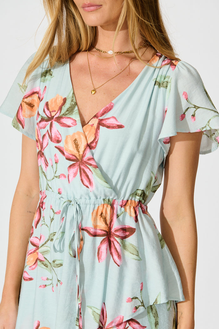 Melany Maxi Dress in Light Blue with Blush Floral detail